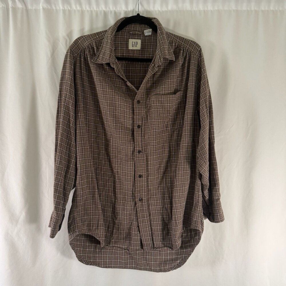 Gap Blouse Shirt Women’s Large Brown Plaid Long Sleev Button Up Cotton Blend